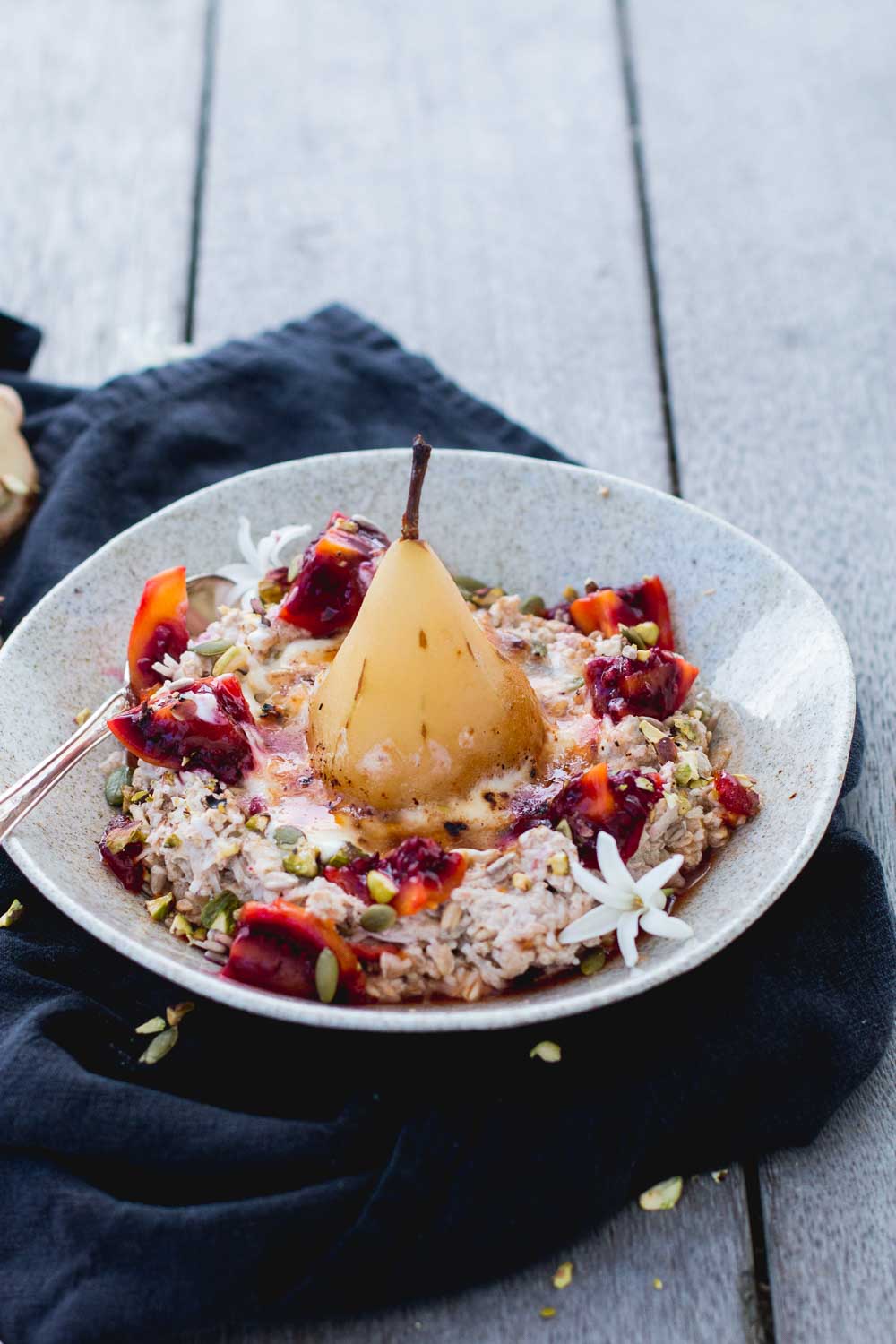 Brûlée bircher muesli with ginger poached pear