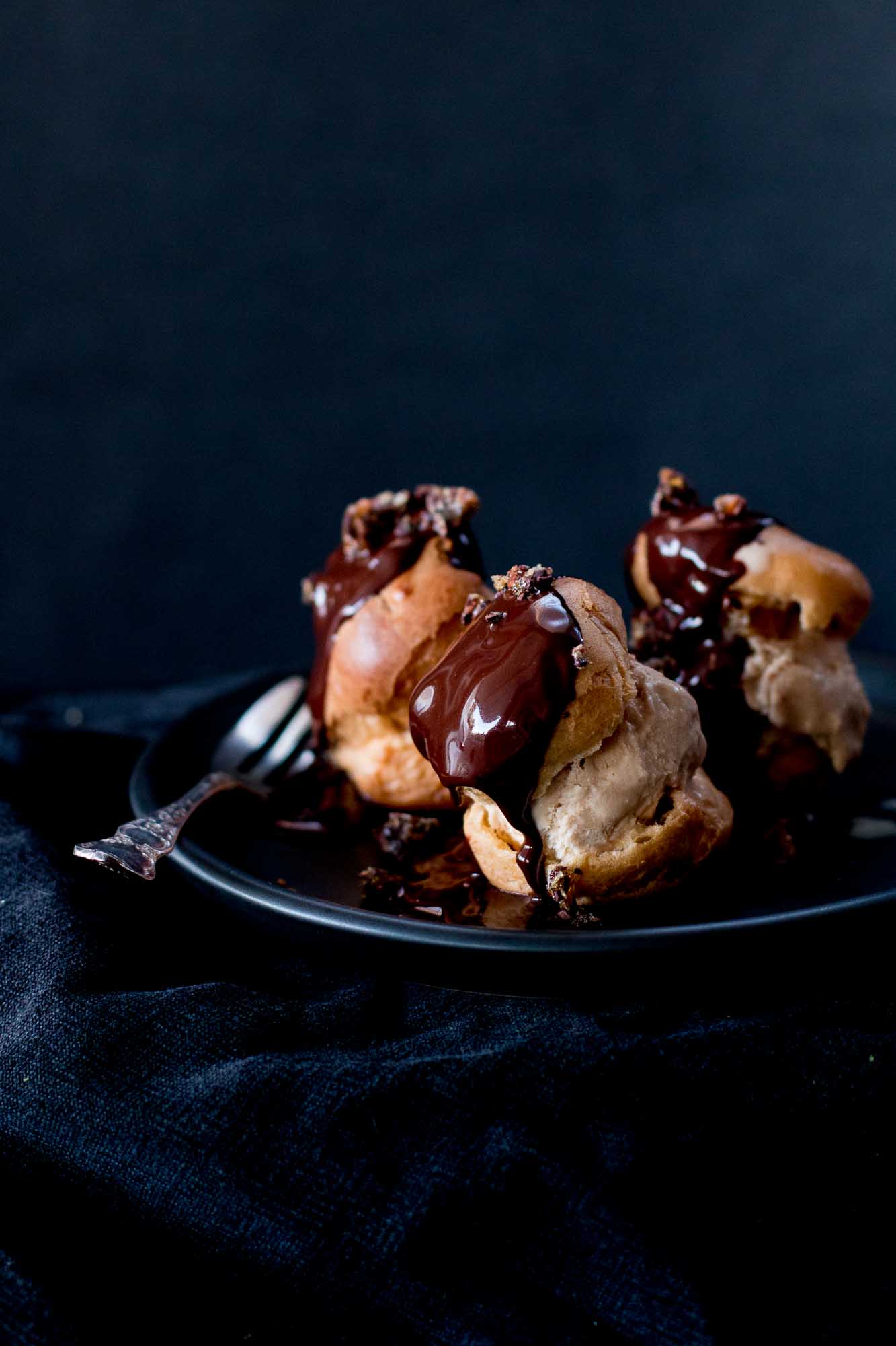 Mocha Profiteroles with Espresso Ice Cream & Caramelized Cocoa Nibs