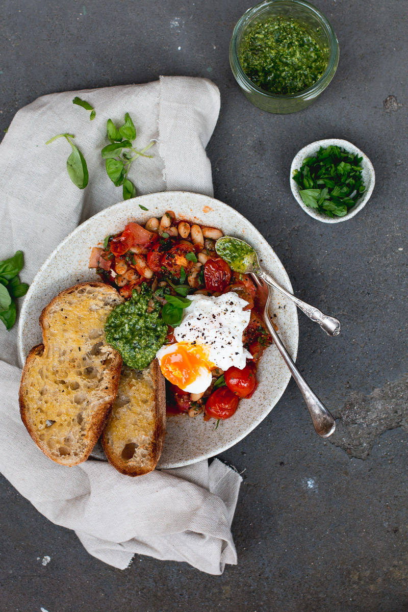 Pancetta Baked Beans with Basil Pesto - The Brick Kitchen