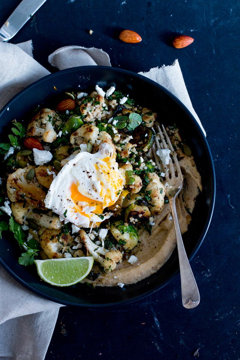middle-eastern cauliflower & brussel sprout salad with miso almond hummus