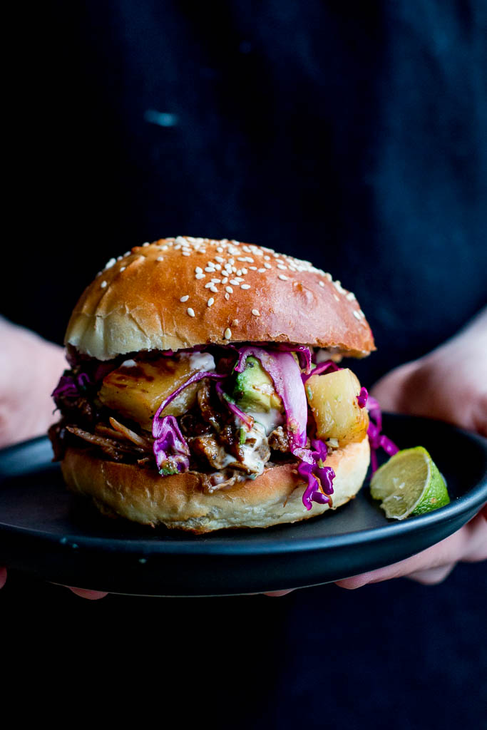 Pulled Pork Burgers with Grilled Pineapple & Avocado Slaw