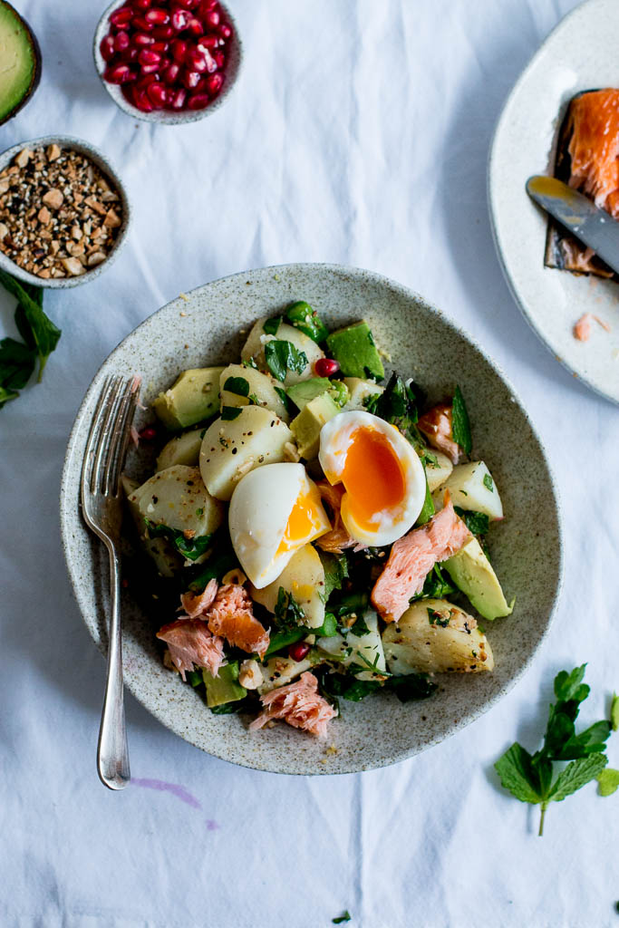 Dukkah, Asparagus & Hot Smoked Salmon Potato Salad