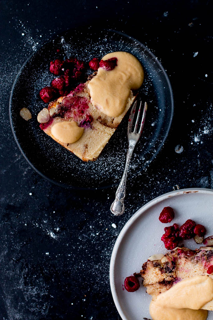 Raspberry, Rhubarb & Dark Chocolate Bread & Butter Pudding Cake - The Brick Kitchen