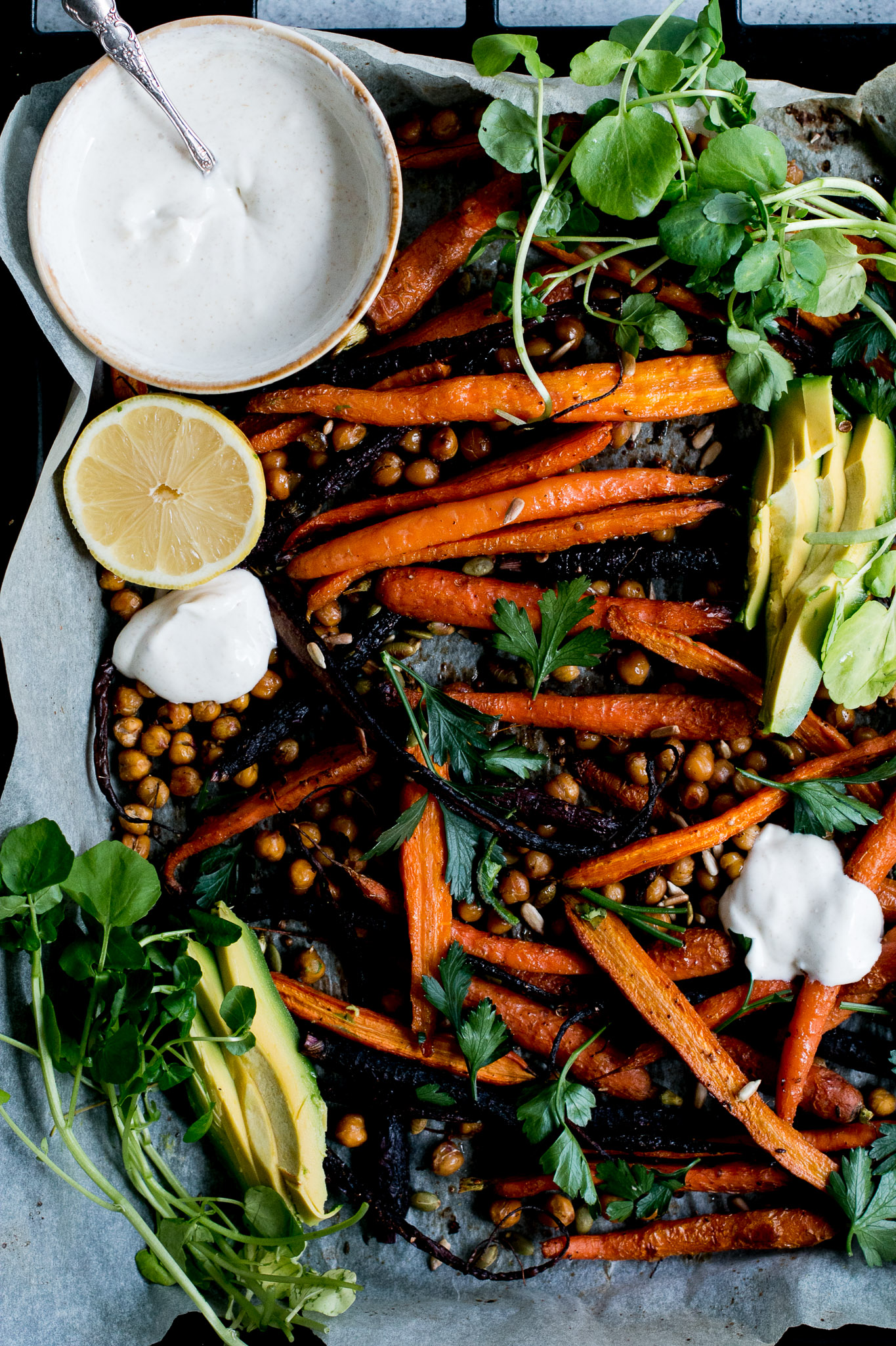 Roast Carrot, Chickpea & Avocado Salad with Cumin Honey Yogurt - The Brick Kitchen