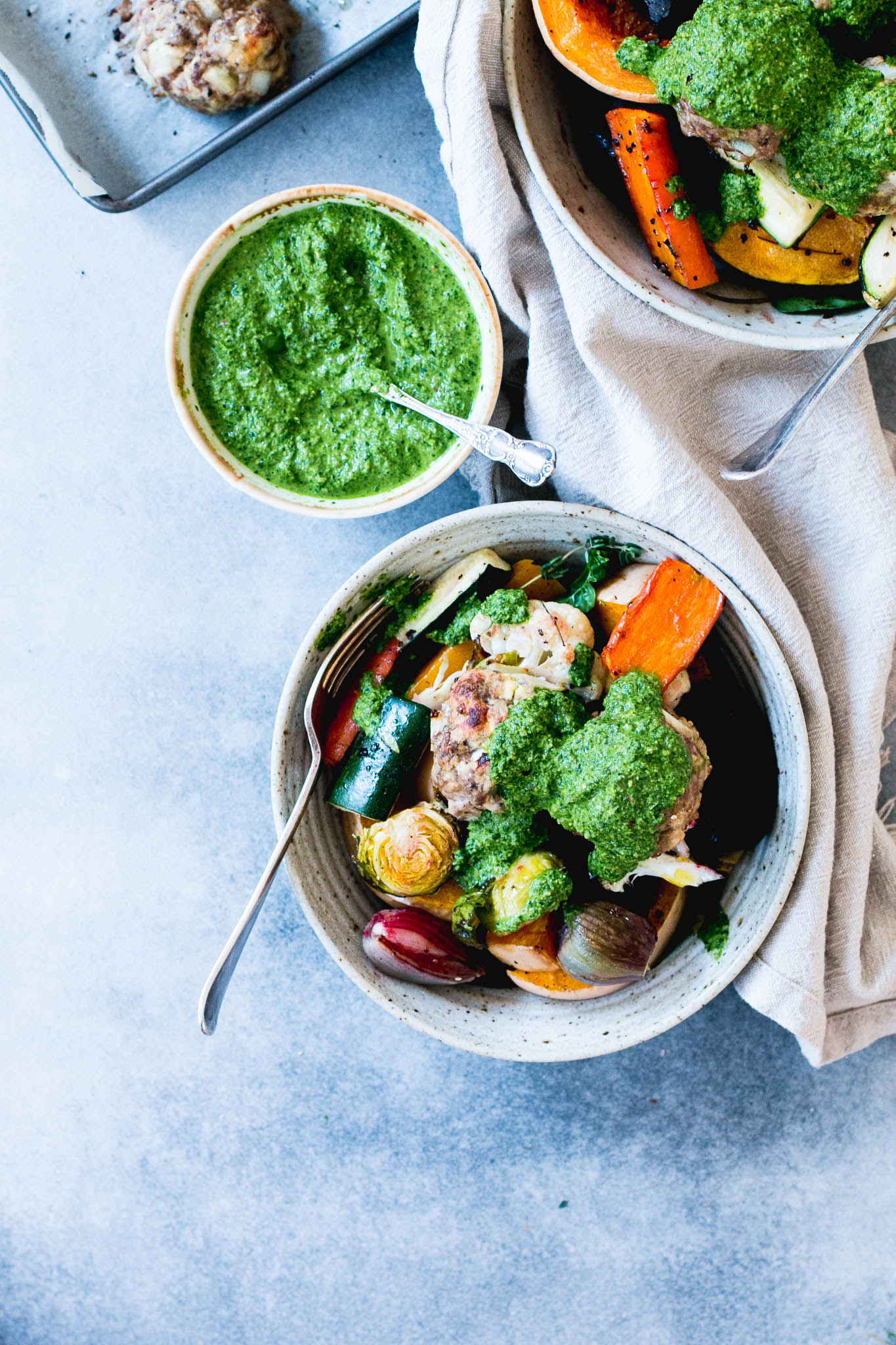 Beef & Ricotta Meatballs with Salsa Verde and Roast Veggetables - The Brick Kitchen