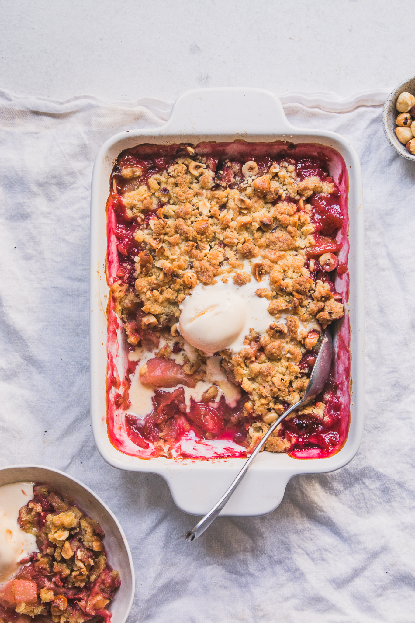 Rhubarb, pear and hazelnut cardamom crumble - The Brick Kitchen