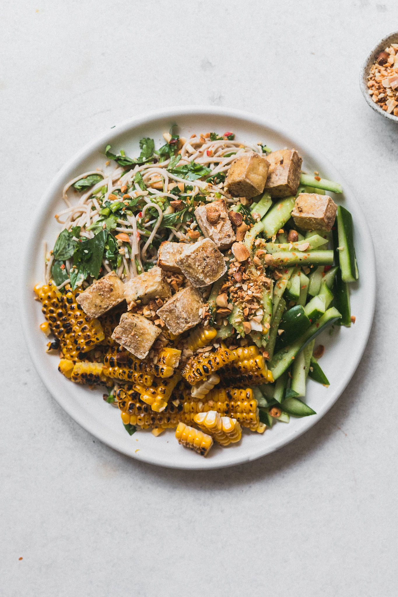 Grilled corn, cucumber, peanut & chilli soba salad with crispy tofu - The Brick Kitchen